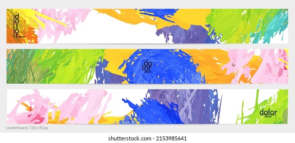 Abstract vector horizontal banner template. Colorful brush stoke imitation of watercolor paint. Dimensional layered feather rainbow colored texture. Creative artistic advertising leaderboard.
