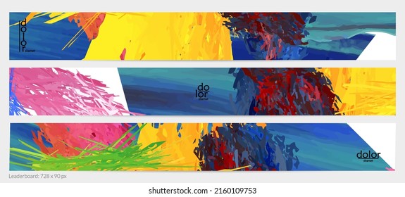Abstract vector horizontal banner template. Colorful brush stoke imitation of watercolor paint. Dimensional layered feather rainbow colored texture. Creative artistic advertising leaderboard.