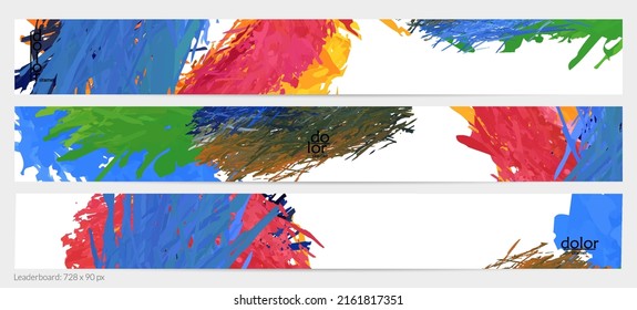 Abstract vector horizontal banner template. Colorful brush stoke imitation of watercolor paint. Dimensional layered feather rainbow colored texture. Creative artistic advertising leaderboard.