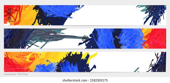 Abstract vector horizontal banner template. Colorful brush stoke imitation of watercolor paint. Dimensional layered feather rainbow colored texture. Creative artistic advertising leaderboard.