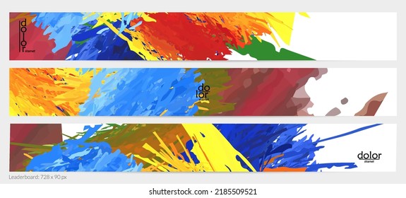 Abstract vector horizontal banner template. Colorful brush stoke imitation of watercolor paint. Dimensional layered feather rainbow colored texture. Creative artistic advertising leaderboard.