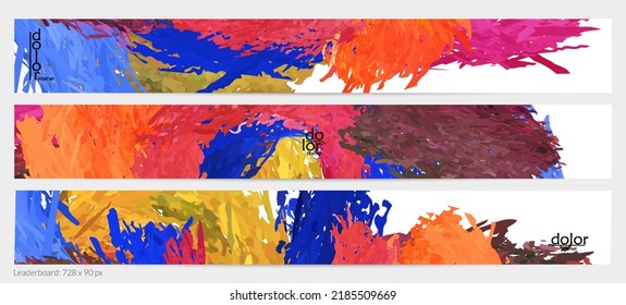 Abstract vector horizontal banner template. Colorful brush stoke imitation of watercolor paint. Dimensional layered feather rainbow colored texture. Creative artistic advertising leaderboard.