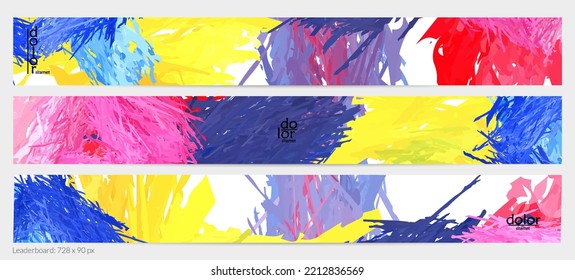 Abstract vector horizontal banner template. Colorful brush stoke imitation of watercolor paint. Dimensional layered feather rainbow colored texture. Creative artistic advertising leaderboard.