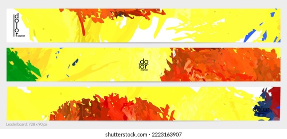 Abstract vector horizontal banner template. Colorful brush stoke imitation of watercolor paint. Dimensional layered feather rainbow colored texture. Creative artistic advertising leaderboard.