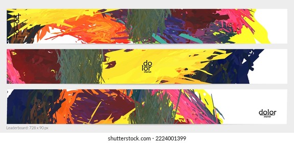 Abstract vector horizontal banner template. Colorful brush stoke imitation of watercolor paint. Dimensional layered feather rainbow colored texture. Creative artistic advertising leaderboard.