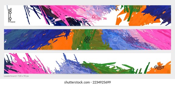 Abstract vector horizontal banner template. Colorful brush stoke imitation of watercolor paint. Dimensional layered feather rainbow colored texture. Creative artistic advertising leaderboard.