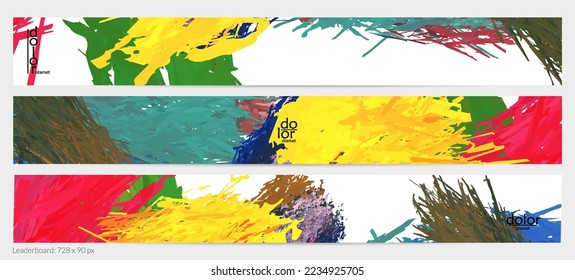 Abstract vector horizontal banner template. Colorful brush stoke imitation of watercolor paint. Dimensional layered feather rainbow colored texture. Creative artistic advertising leaderboard.