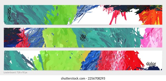 Abstract vector horizontal banner template. Colorful brush stoke imitation of watercolor paint. Dimensional layered feather rainbow colored texture. Creative artistic advertising leaderboard.