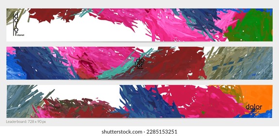 Abstract vector horizontal banner template. Colorful brush stoke imitation of watercolor paint. Dimensional layered feather rainbow colored texture. Creative artistic advertising leaderboard.