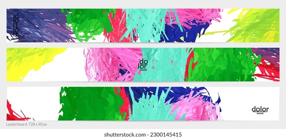Abstract vector horizontal banner template. Colorful brush stoke imitation of watercolor paint. Dimensional layered feather rainbow colored texture. Creative artistic advertising leaderboard.