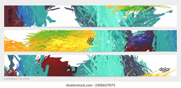 Abstract vector horizontal banner template. Colorful brush stoke imitation of watercolor paint. Dimensional layered feather rainbow colored texture. Creative artistic advertising leaderboard.