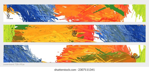 Abstract vector horizontal banner template. Colorful brush stoke imitation of watercolor paint. Dimensional layered feather rainbow colored texture. Creative artistic advertising leaderboard.