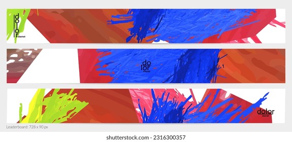 Abstract vector horizontal banner template. Colorful brush stoke imitation of watercolor paint. Dimensional layered feather rainbow colored texture. Creative artistic advertising leaderboard.