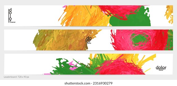 Plantilla de banner horizontal vector abstracto. El pincel colorido aviva la imitación de la pintura acuarela. Textura de color arcoiris de plumas en capas dimensionales. Placa publicitaria creativa artística.