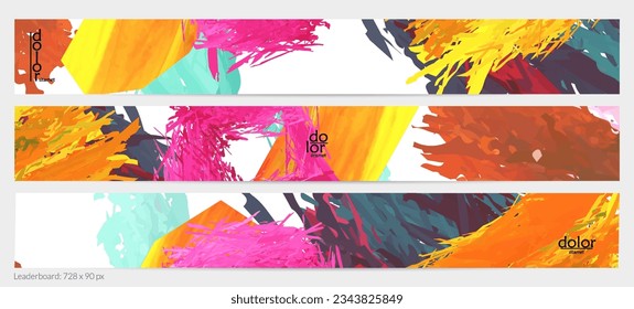 Abstract vector horizontal banner template. Colorful brush stoke imitation of watercolor paint. Dimensional layered feather rainbow colored texture. Creative artistic advertising leaderboard.