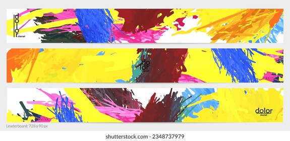 Abstract vector horizontal banner template. Colorful brush stoke imitation of watercolor paint. Dimensional layered feather rainbow colored texture. Creative artistic advertising leaderboard.