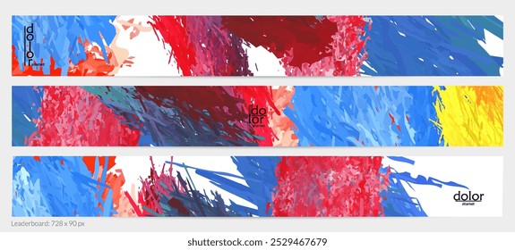 Abstract vector horizontal banner template. Colorful brush stoke imitation of watercolor paint. Dimensional layered feather rainbow colored texture. Creative artistic advertising leaderboard.