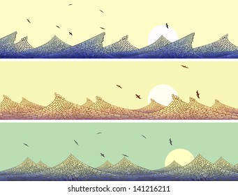 Abstract vector horizontal banner:mosaic wave with foam with sun and birds ( as handmade stained glass window).