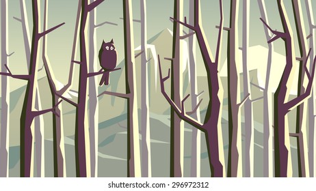 Abstract vector horizontal illustration of forest with trees and owl on branch in green tone.