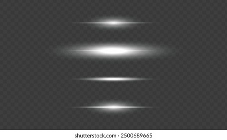 Abstrakte Vektor horizontale Linse Flares spezielle Linse Blitz Lichteffekt. Glühende Streifen Effekt png. Laserstrahlen funkeln auf transparentem Hintergrund. Leuchtende Sonnenaufgang funkelnde gefütterte Illustration