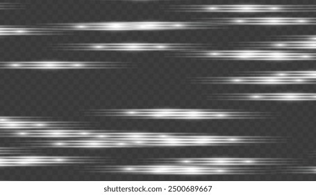 Abstract vector horizontal lens flares special lens flash light effect. Glowing streaks effect png. Laser beams sparkle on a transparent background. Luminous sunburst sparkling lined illustration