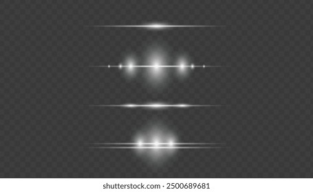 Abstract vector horizontal lens flares special lens flash light effect. Glowing streaks effect png. Laser beams sparkle on a transparent background. Luminous sunburst sparkling lined illustration