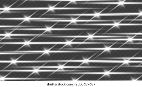 Abstract vector horizontal lens flares special lens flash light effect. Glowing streaks effect png. Laser beams sparkle on a transparent background. Luminous sunburst sparkling lined illustration