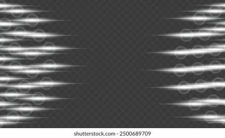 Abstract vector horizontal lens flares special lens flash light effect. Glowing streaks effect png. Laser beams sparkle on a transparent background. Luminous sunburst sparkling lined illustration