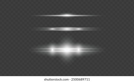 Abstract vector horizontal lens flares special lens flash light effect. Glowing streaks effect png. Laser beams sparkle on a transparent background. Luminous sunburst sparkling lined illustration