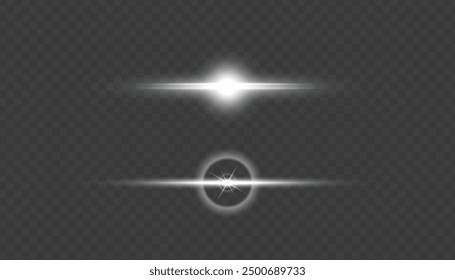 Vector Abstractas lente Horizontal destellos efecto de luz de destello de lente especial. Rayas brillantes efecto png. Los rayos láser brillan sobre un fondo transparente. Ilustración de líneas brillantes de rayos de sol luminoso