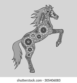 abstract vector horse on its hind legs with a mechanism in the middle. horse robot. Horsepower. Mechanical pattern inside the horse. Horse-robot. monochrome