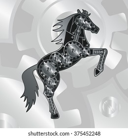 Abstract vector horse on its hind legs with mechanism in the middle against the background of gears. Horsepower. Mechanical pattern inside the horse. Horse-robot with metallic gradient. Eps10. Vector.