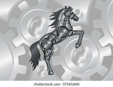Abstract vector horse on its hind legs with mechanism in the middle against the background of gears. Horsepower. Mechanical pattern inside the horse. Horse-robot with metallic gradient. Eps10. Vector 