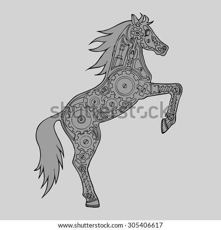 abstract vector horse on its hind legs with a mechanism in the middle. horse robot. Horsepower. Mechanical pattern inside the horse. Horse-robot. monochrome