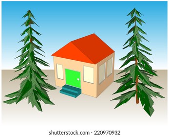 Abstract vector house with two fir trees
