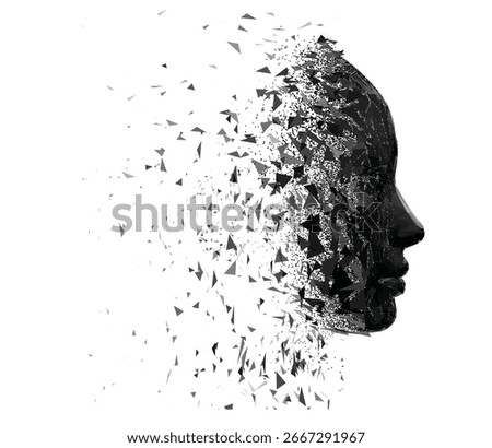 Abstract vector human face profile dissolving into scattered triangular fragments and dotted particles.  Geometric disintegration effect.