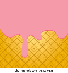 Abstract vector ice cream background. Flat illustration of dairy product. Color image with strawberry cream melted on wafer backdrop. Place for advertising. Banner for text. texture sweet food.