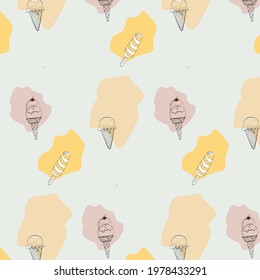 Abstract vector ice cream pattern with cherry . Factory textiles . Dress for women. Summer blouse . T-shirt . Linens . Baner to action. Ice cream parlor menu background. Wallpaper for the kitchen .