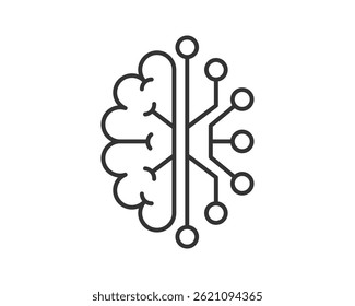 Abstract vector icon depicting a brain connected to a circuit board. Represents artificial intelligence, machine learning, and the future of technology, innovation, and mental health.