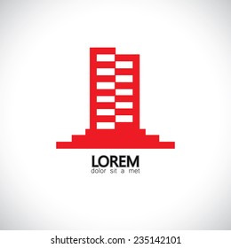 Abstract Vector Icon Of A Highrise Skyscraper Building With Many Floors. This Concept Graphic Also Represents Commercial Buildings, Real Estate Market, Assets & Property