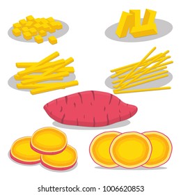 Logo ilustrativo del vector abstracto para la batata entera vegetal, alimentos cocidos en rodajas. Patrón de papa consistente en alimentos cocidos, papas al vapor, yam crudo. Patatas de verduras dulces.