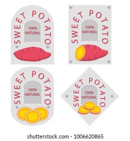 Abstract vector icon illustration logo for whole vegetable sweet potato, sliced baked foods. Potato pattern consisting of ripe boiled stewed food, steamed fries, raw yam. Sweet vegetables potatoes.