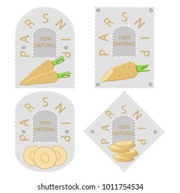 Abstract vector icon illustration logo for whole ripe vegetable yellow parsnip, sliced carrot on background. Parsnip pattern consisting of label vegetables, raw sweet food carrots. Eat fresh parsnips.