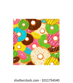 Abstract vector icon illustration logo for glazed sweet donut. Donut pattern consisting of heap of different colored confection doughnuts. Eat tasty cakes donuts, doughnut covered in chocolate cream.