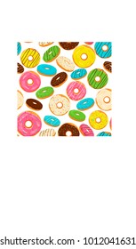 Abstract vector icon illustration logo for glazed sweet donut. Donut pattern consisting of heap of different colored confection doughnuts. Eat tasty cakes donuts, doughnut covered in chocolate cream.