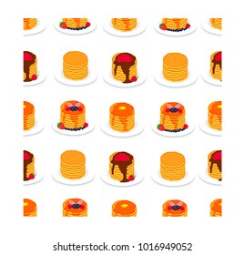 Abstract vector icon illustration logo for yellow pancake. Pancake pattern consisting of home heap homemade hot cakes on plate, crepe sweet food. Eat tasty pancakes with berries, honey,piece of butter