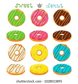 Abstract vector icon illustration logo for glazed sweet donut. Donut pattern consisting of heap of different colored confection doughnuts. Eat tasty cakes donuts, doughnut covered in chocolate cream.
