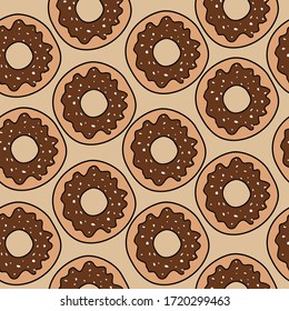 Abstract vector icon illustration logo for glazed sweet donut. Donut pattern consisting of heap of different colored confection doughnuts. Eat tasty cakes donuts, doughnut covered in chocolate cream.