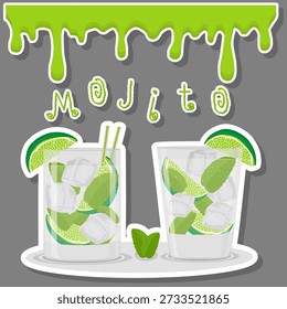 Abstrato ícone vetorial logotipo ilustração para coquetéis de álcool mojito. Mojito padrão consistindo de copo de vidro cheio com coquetel transparente, limão fatiado, cubos de gelo. Coquetel de mojitos de limes verdes.