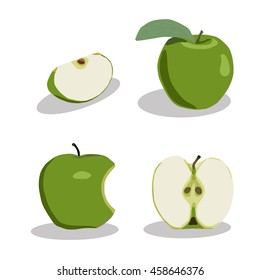 Abstract vector icon illustration logo for whole ripe fruit colors apple, green stem leaf, cut sliced. Apple pattern consisting of label, peel fruits, raw sweet food. Eat tasty fresh apples on health.